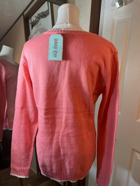 Women's Pink Fox Crewneck Sweater with Pom Accent - Picture 8 of 9